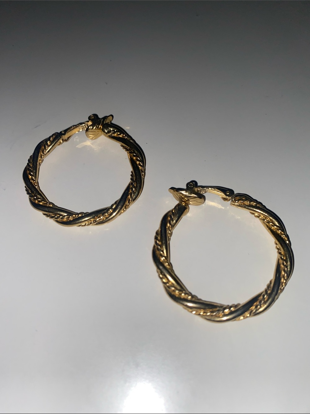 Trifari Gold Clip On Twisted Rope Hoop Earrings